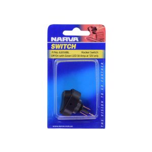 Narva SPST Off/On 12V Rocker Switch With Green LED Light (Blister Pack Of 1)