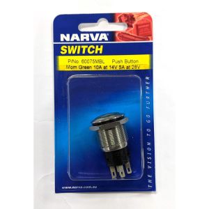 NARVA SPST OFF/MOM ON GREEN LED PUSH BUTTON SWITCH