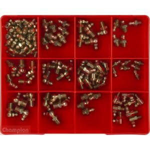 Champion 105 Piece Metric Grease Nipple Assortment (12 Different Sizes, Straight & Angled) 